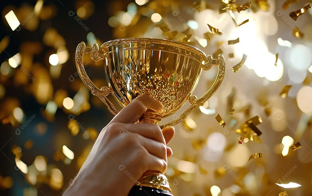 Mão segurando a taça de troféu de ouro com confete