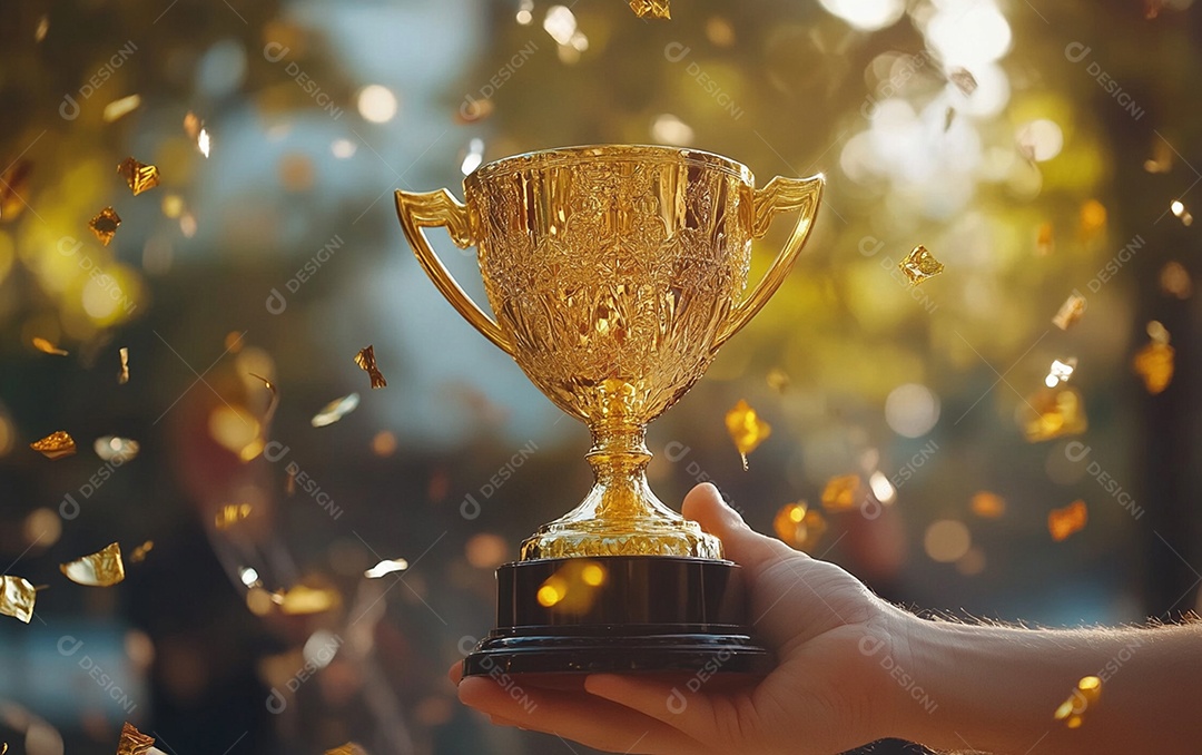 Mão segurando a taça de troféu de ouro com confete