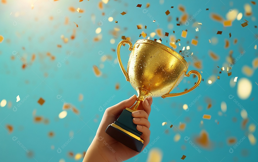 Mão segurando a taça de troféu de ouro com confete