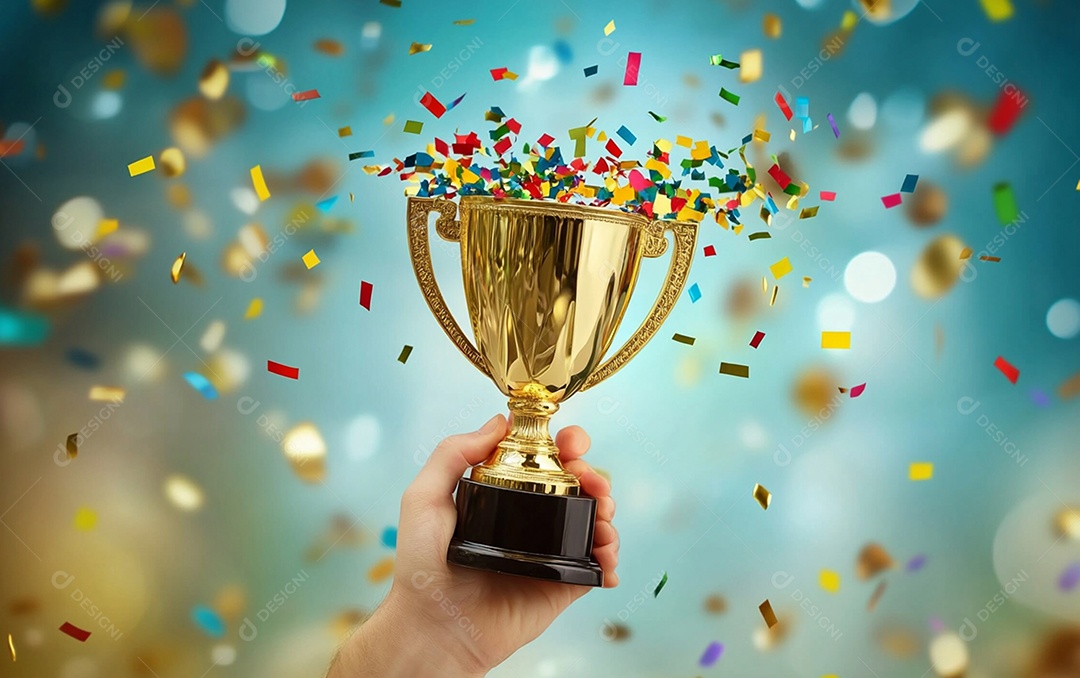 Mão segurando a taça de troféu de ouro com confete