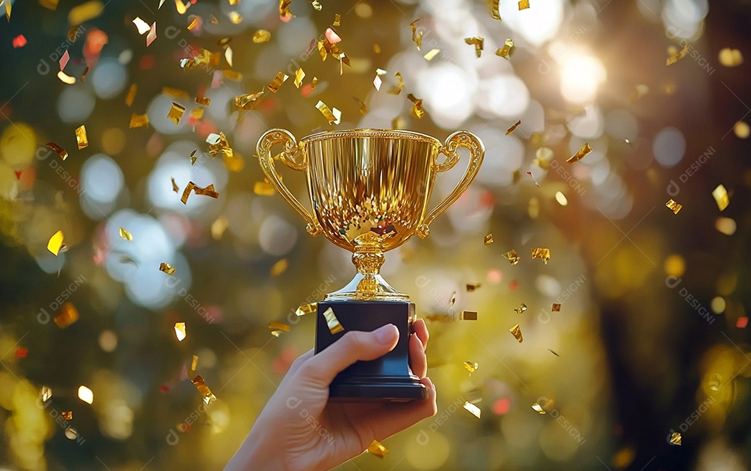 Mão segurando a taça de troféu de ouro com confete