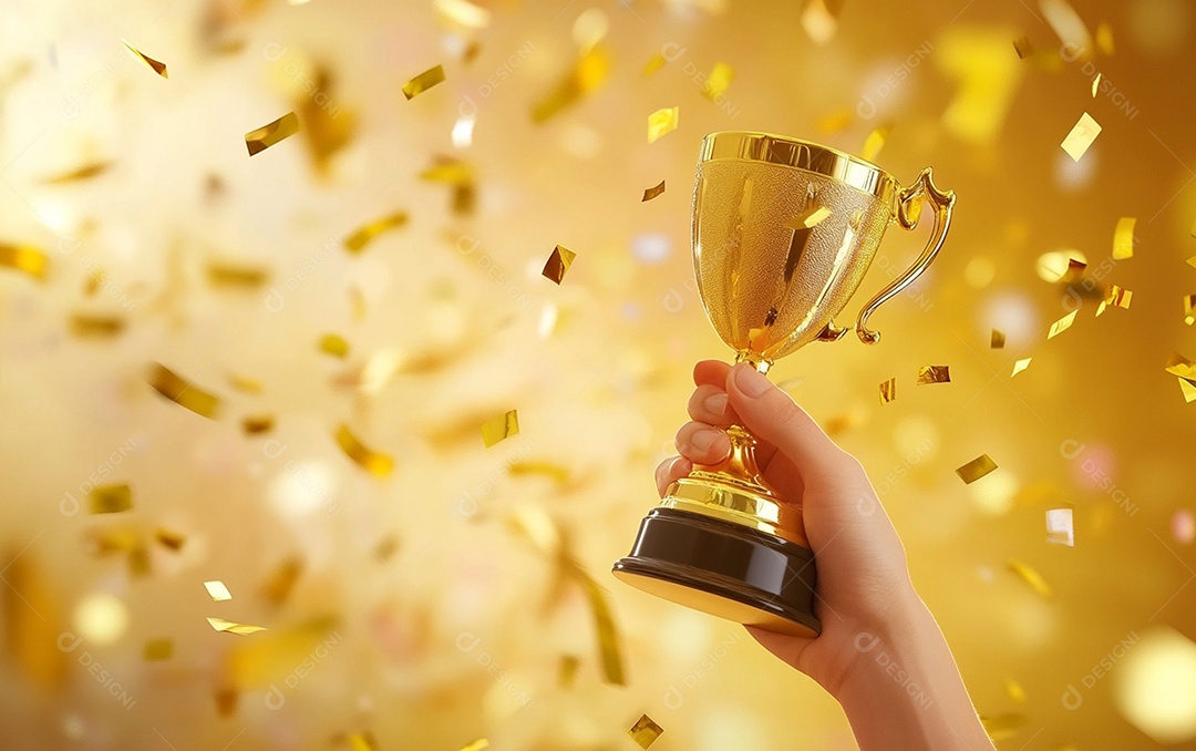 Mão segurando a taça de troféu de ouro com confete