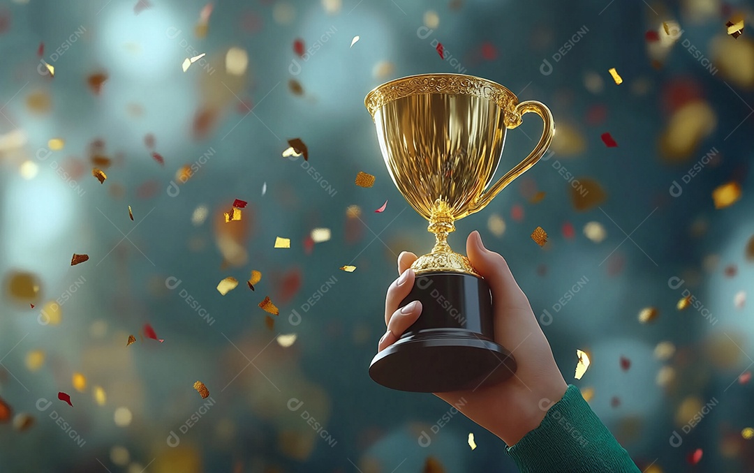 Mão segurando a taça de troféu de ouro com confete