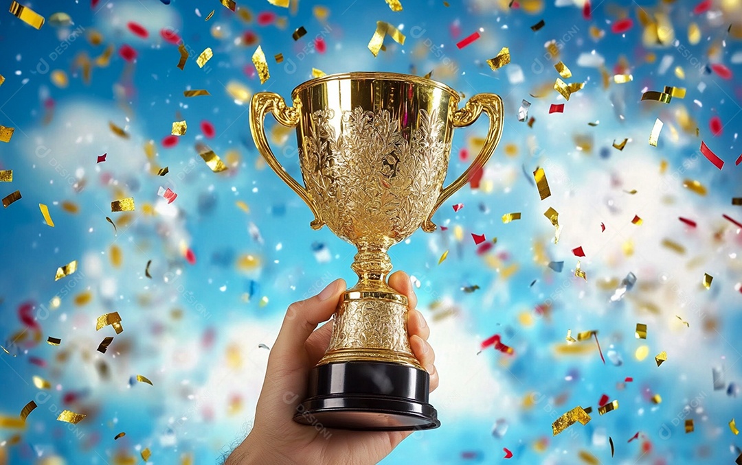 Mão segurando a taça de troféu de ouro com confete