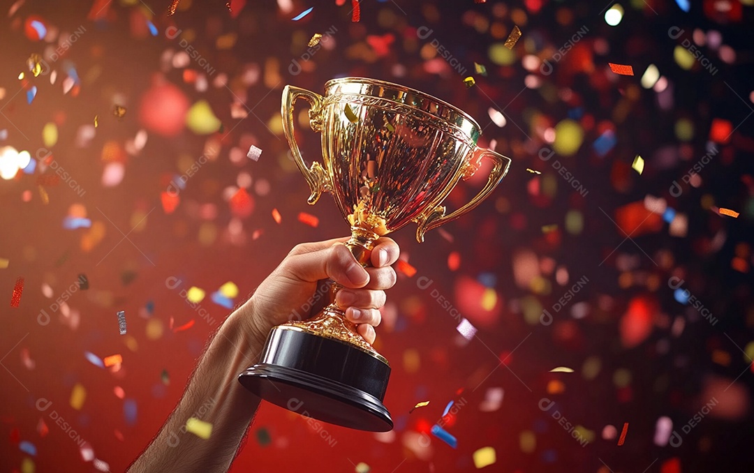 Mão segurando a taça de troféu de ouro com confete