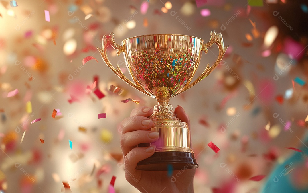 Mão segurando a taça de troféu de ouro com confete