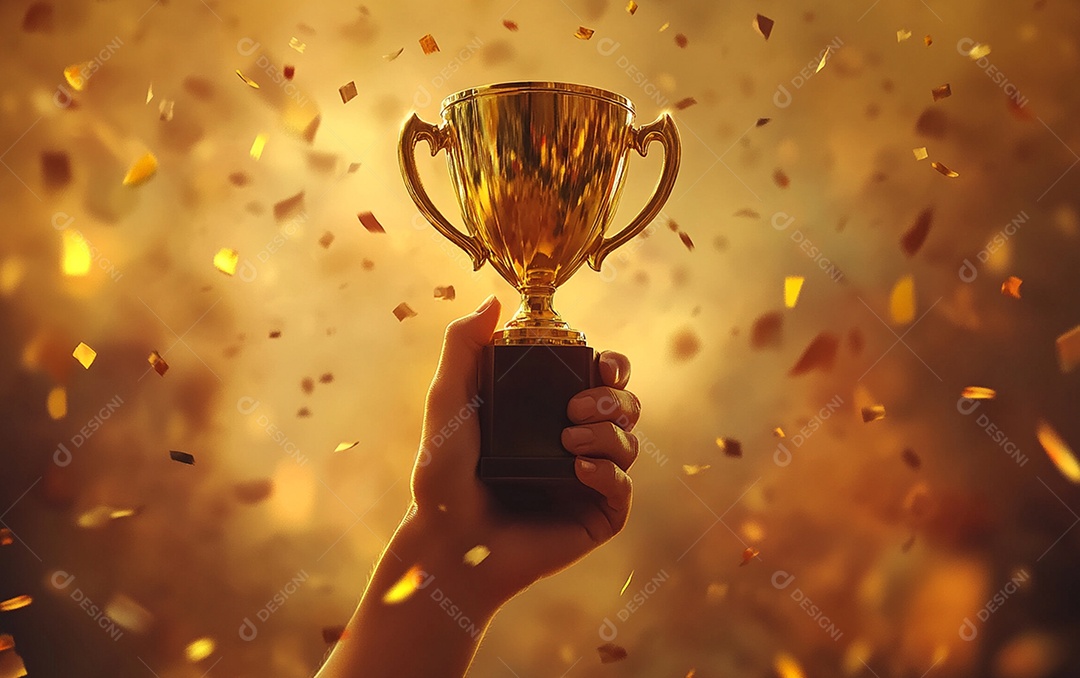 Mão segurando a taça de troféu de ouro com confete