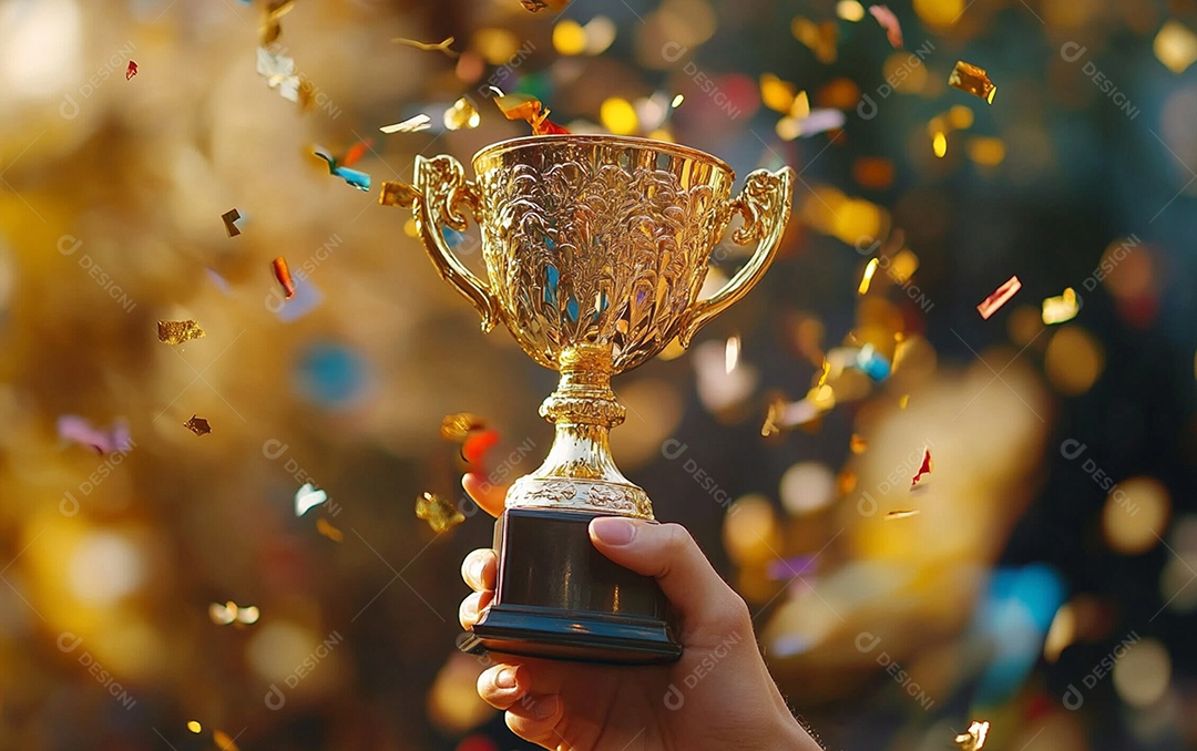 Mão segurando a taça de troféu de ouro com confete