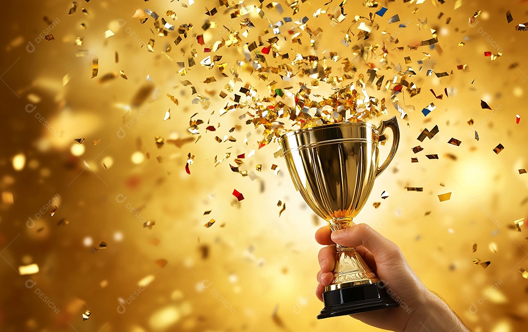 Mão segurando a taça de troféu de ouro com confete