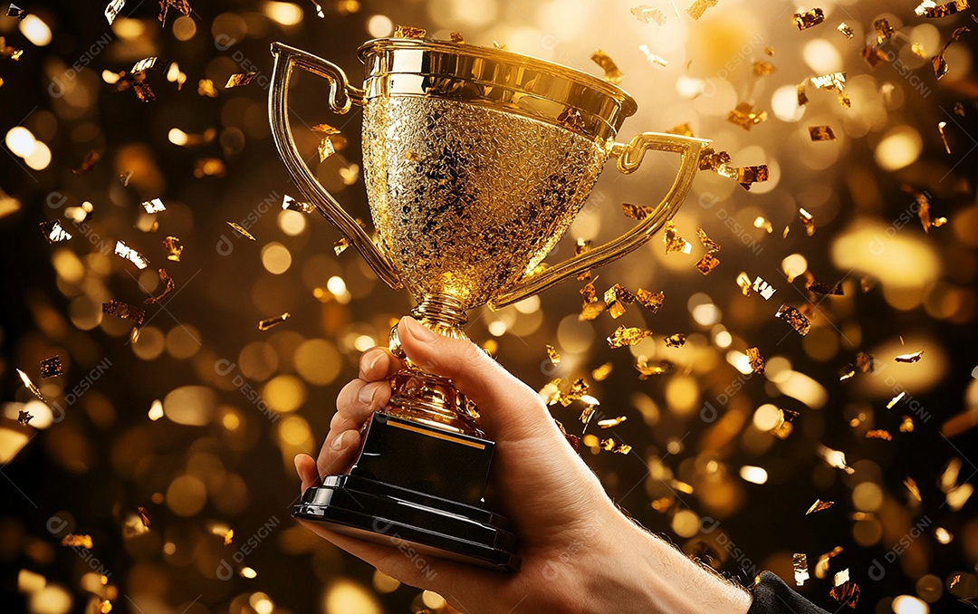 Mão segurando a taça de troféu de ouro com confete