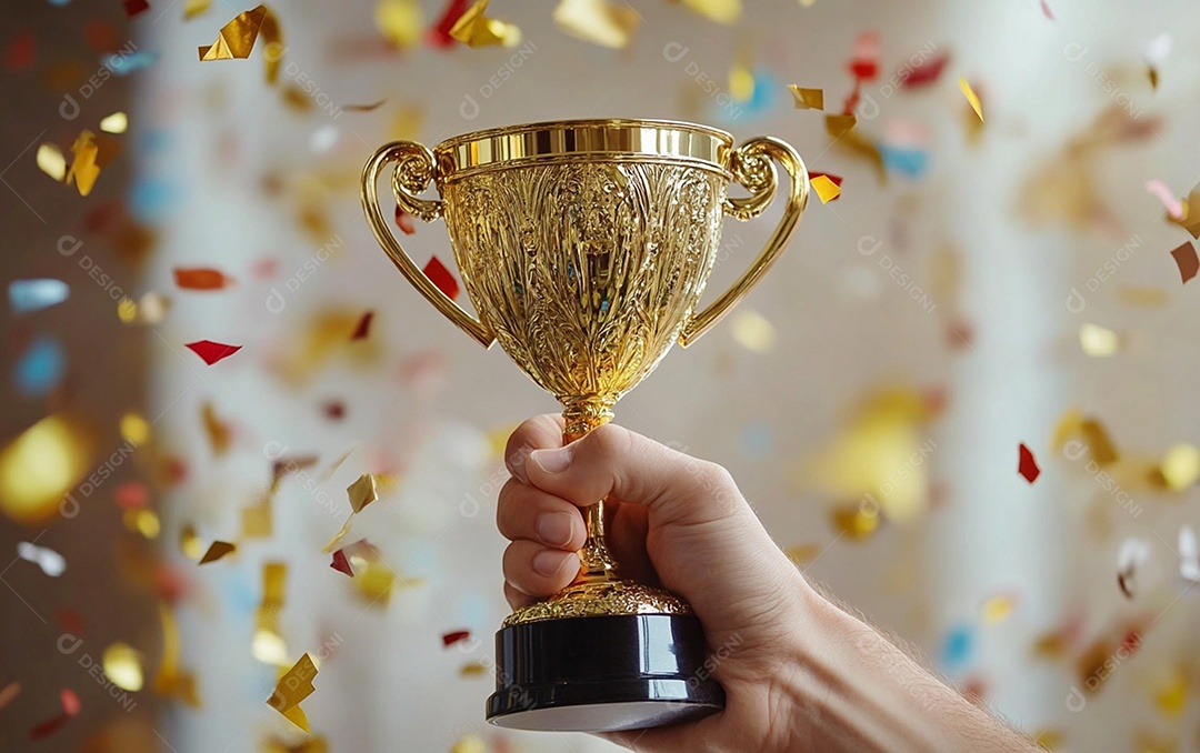 Mão segurando a taça de troféu de ouro com confete