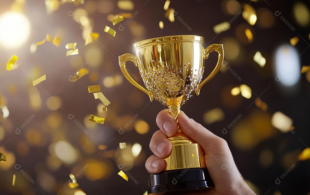Mão segurando a taça de troféu de ouro com confete