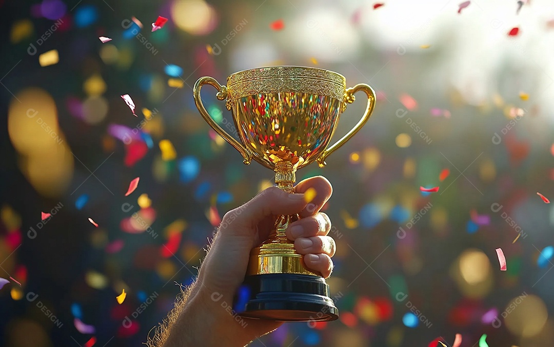 Mão segurando a taça de troféu de ouro com confete