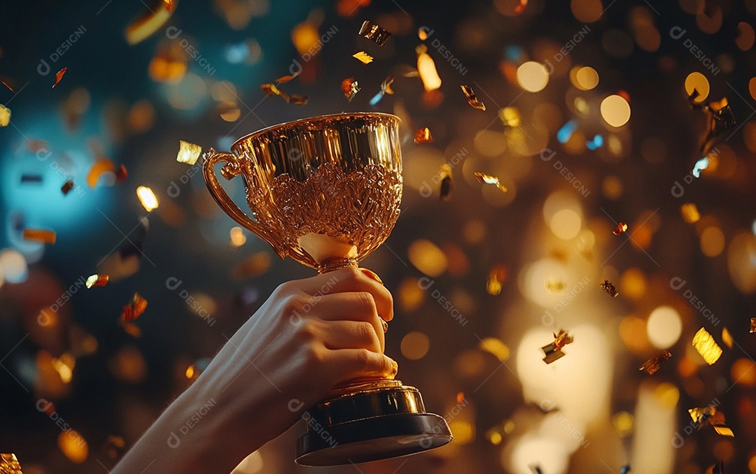Mão segurando a taça de troféu de ouro com confete