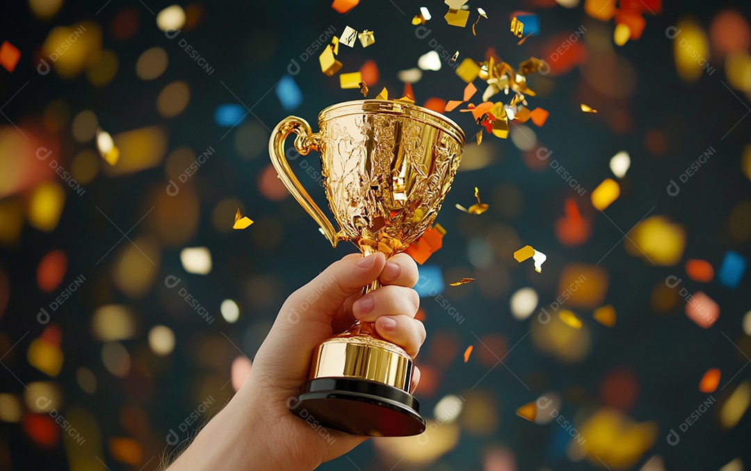 Mão segurando a taça de troféu de ouro com confete