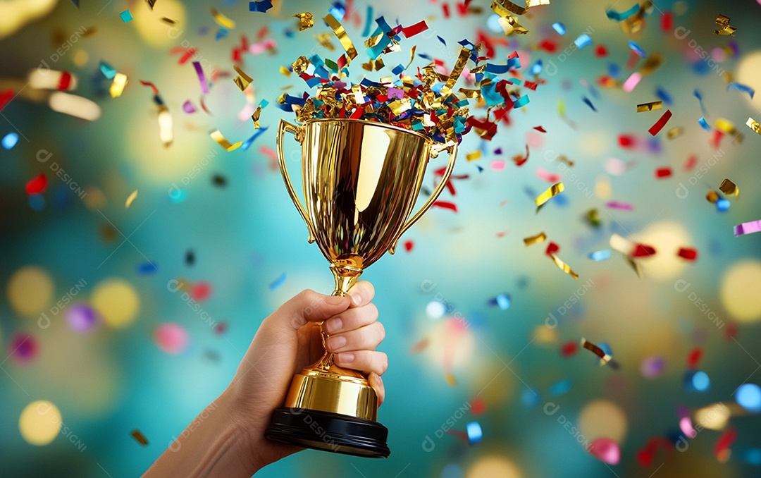 Mão segurando a taça de troféu de ouro com confete