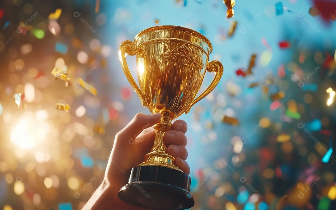 Mão segurando a taça de troféu de ouro com confete