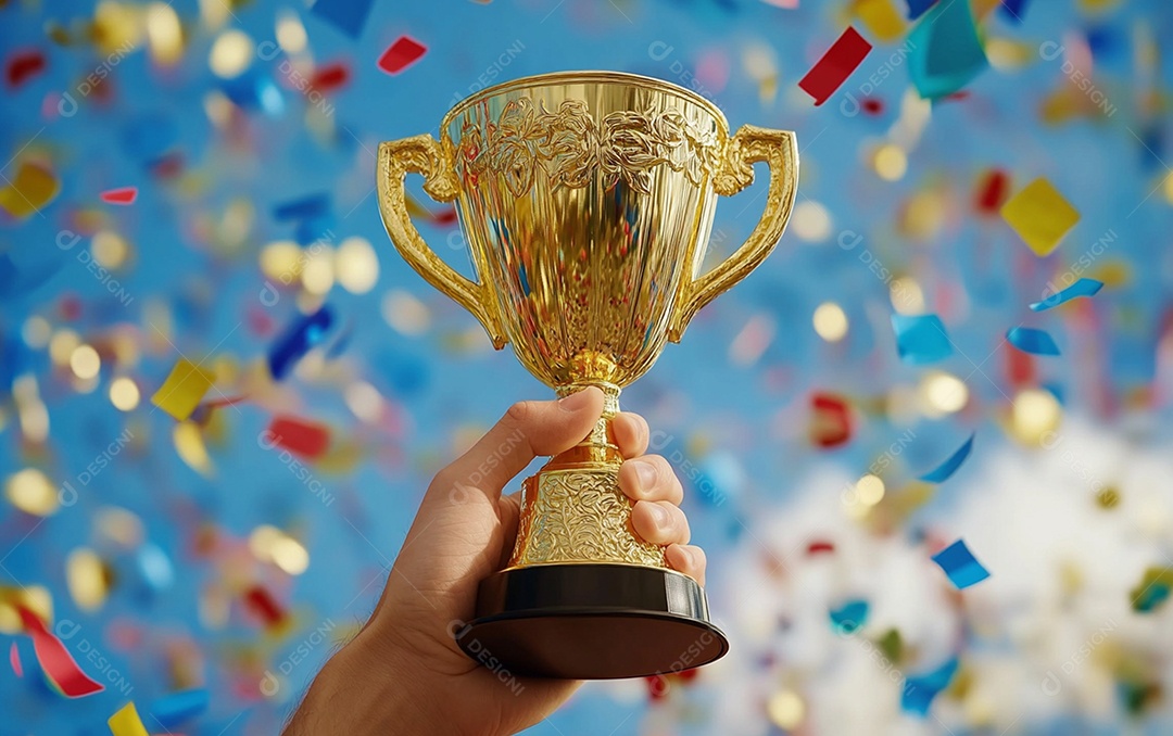 Mão segurando a taça de troféu de ouro com confete