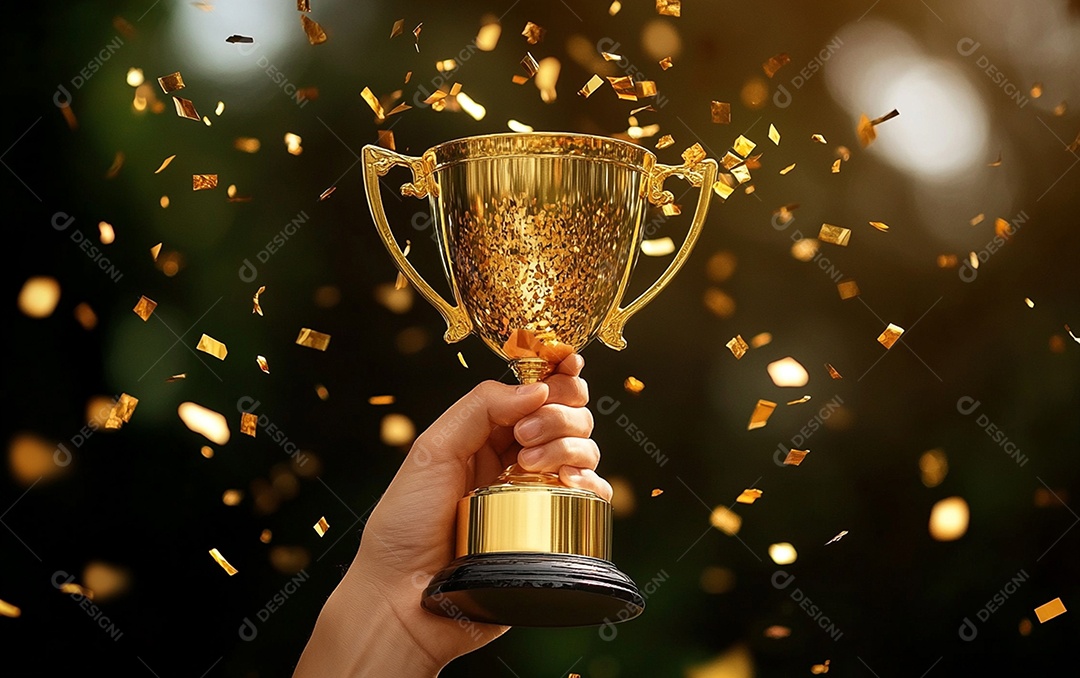 Mão segurando a taça de troféu de ouro com confete