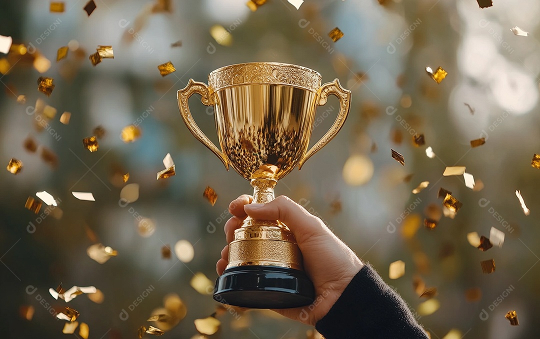 Mão segurando a taça de troféu de ouro com confete