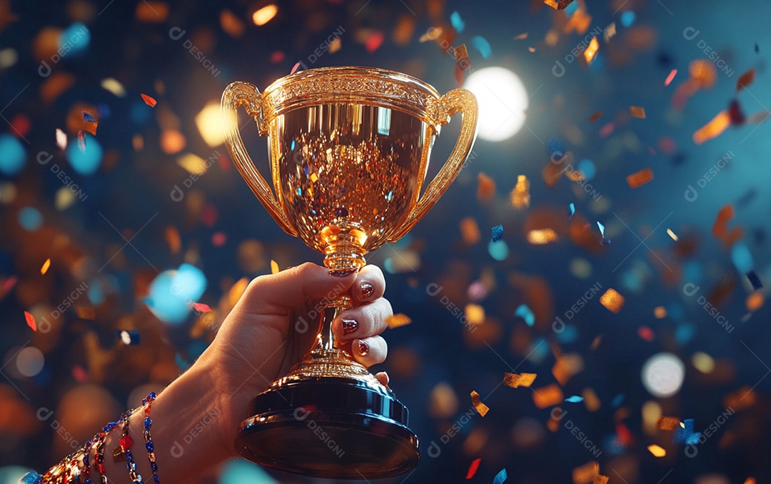 Mão segurando a taça de troféu de ouro com confete
