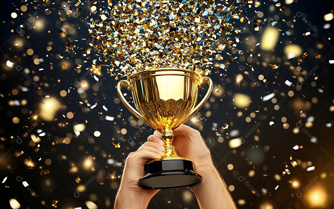 Mão segurando a taça de troféu de ouro com confete