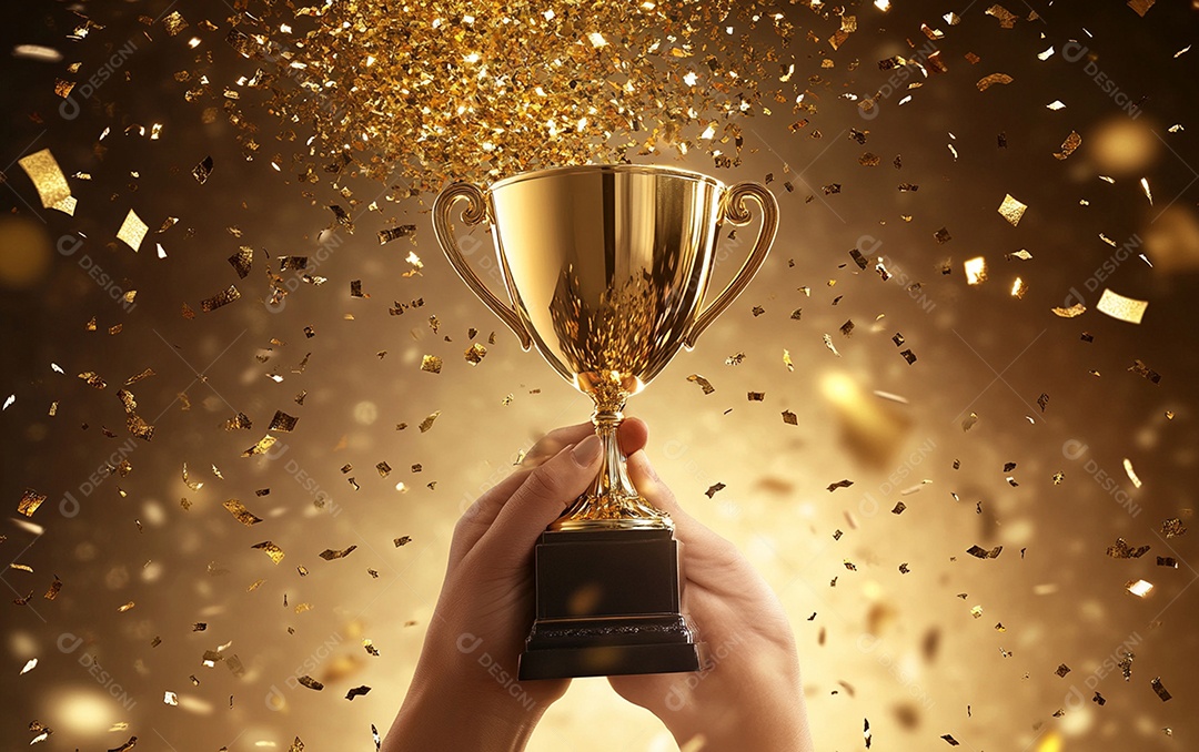 Mão segurando a taça de troféu de ouro com confete