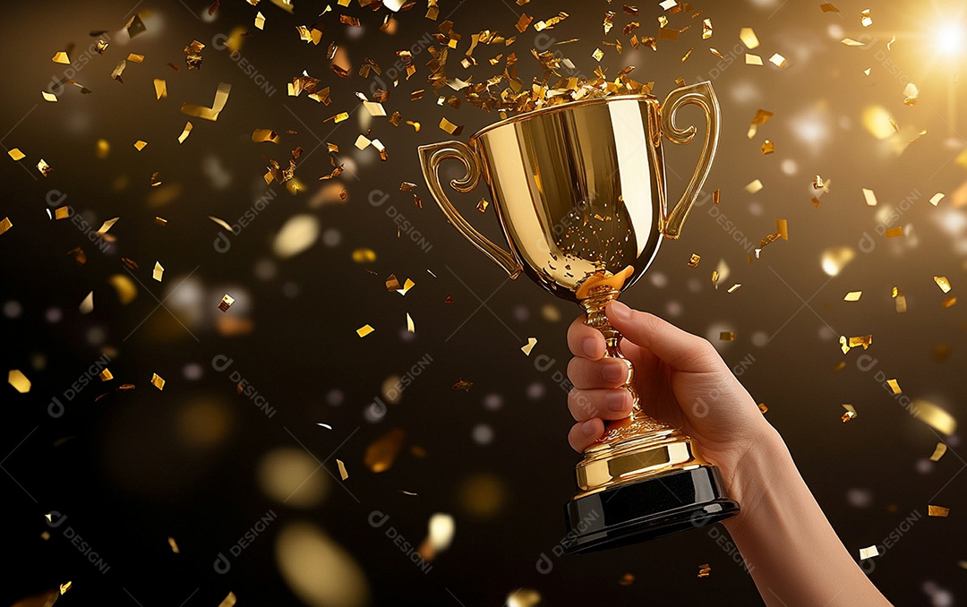 Mão segurando a taça de troféu de ouro com confete