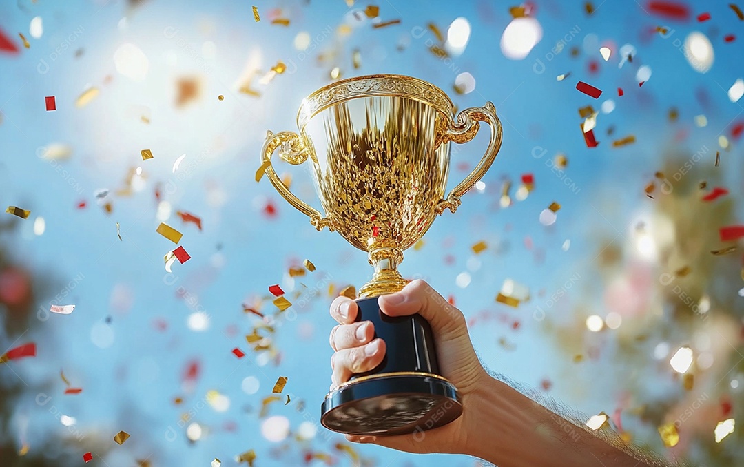 Mão segurando a taça de troféu de ouro com confete