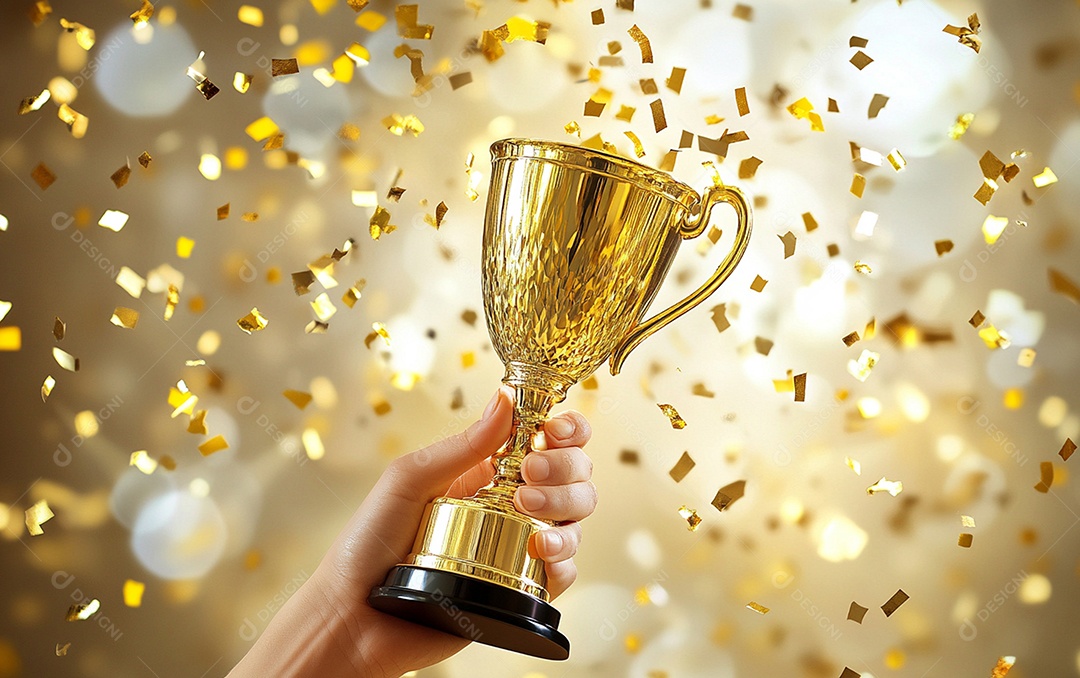 Mão segurando a taça de troféu de ouro com confete