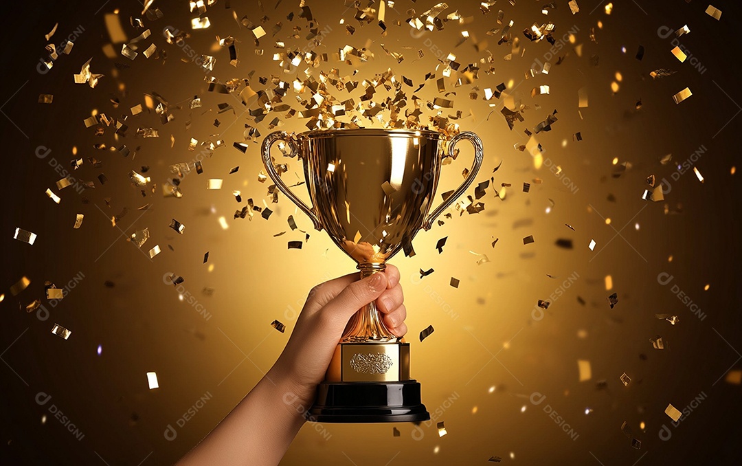 Mão segurando a taça de troféu de ouro com confete