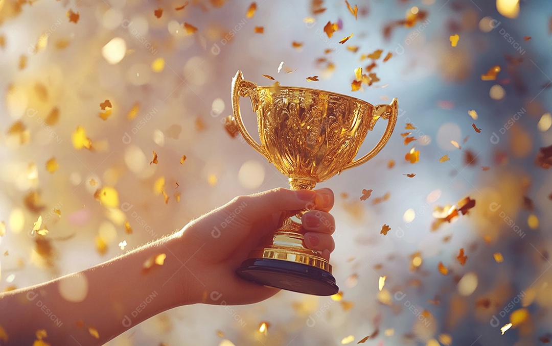 Mão segurando a taça de troféu de ouro com confete