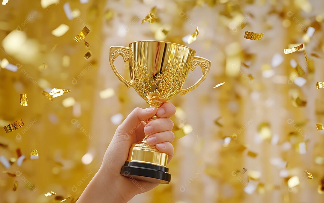 Mão segurando a taça de troféu de ouro com confete
