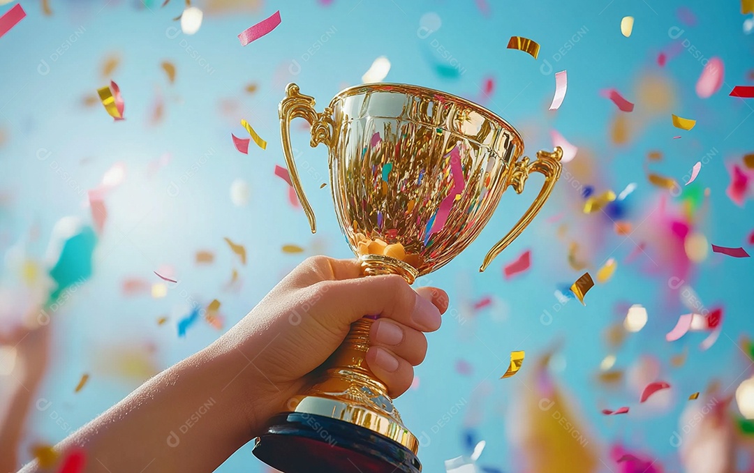 Mão segurando a taça de troféu de ouro com confete