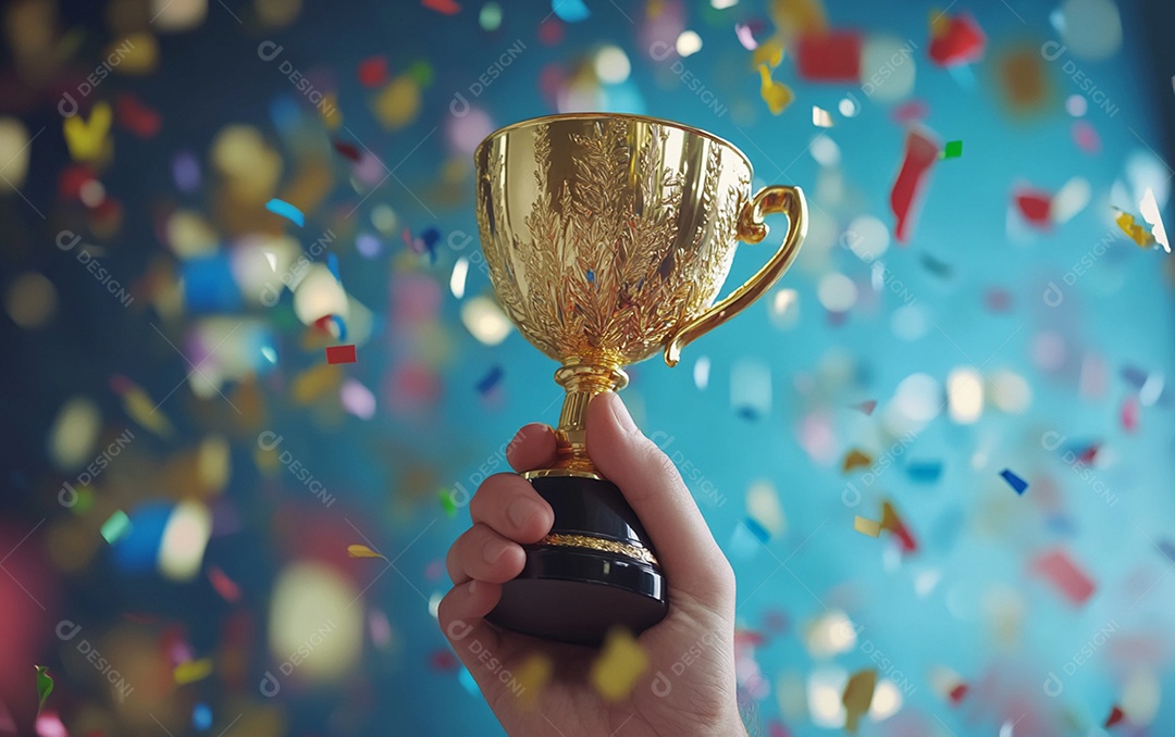 Mão segurando a taça de troféu de ouro com confete