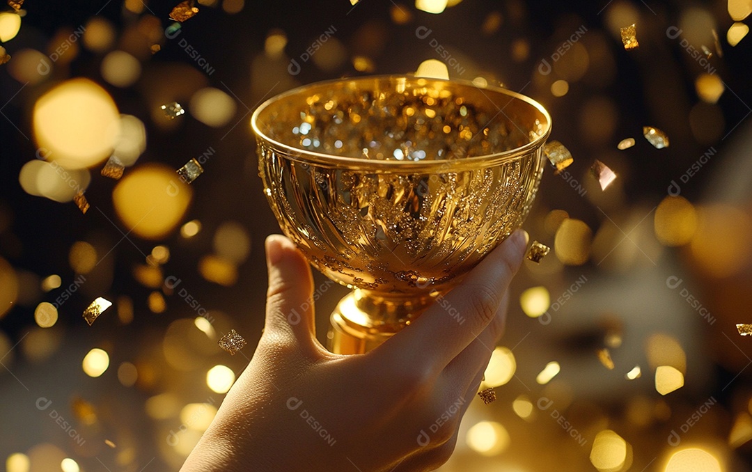 Mão segurando a taça de troféu de ouro com confete