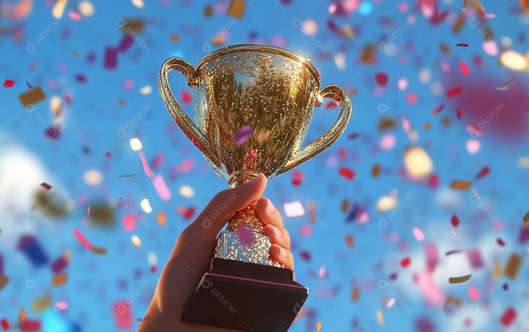 Mão segurando a taça de troféu de ouro com confete