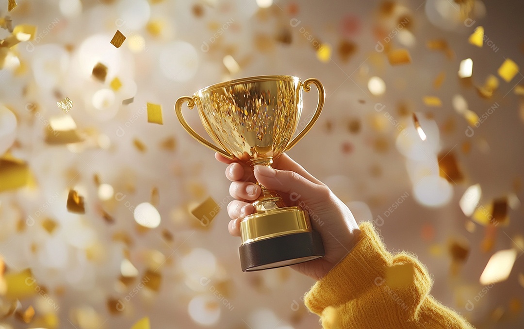Mão segurando a taça de troféu de ouro com confete