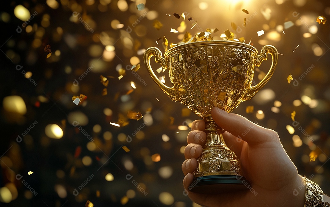 Mão segurando a taça de troféu de ouro com confete
