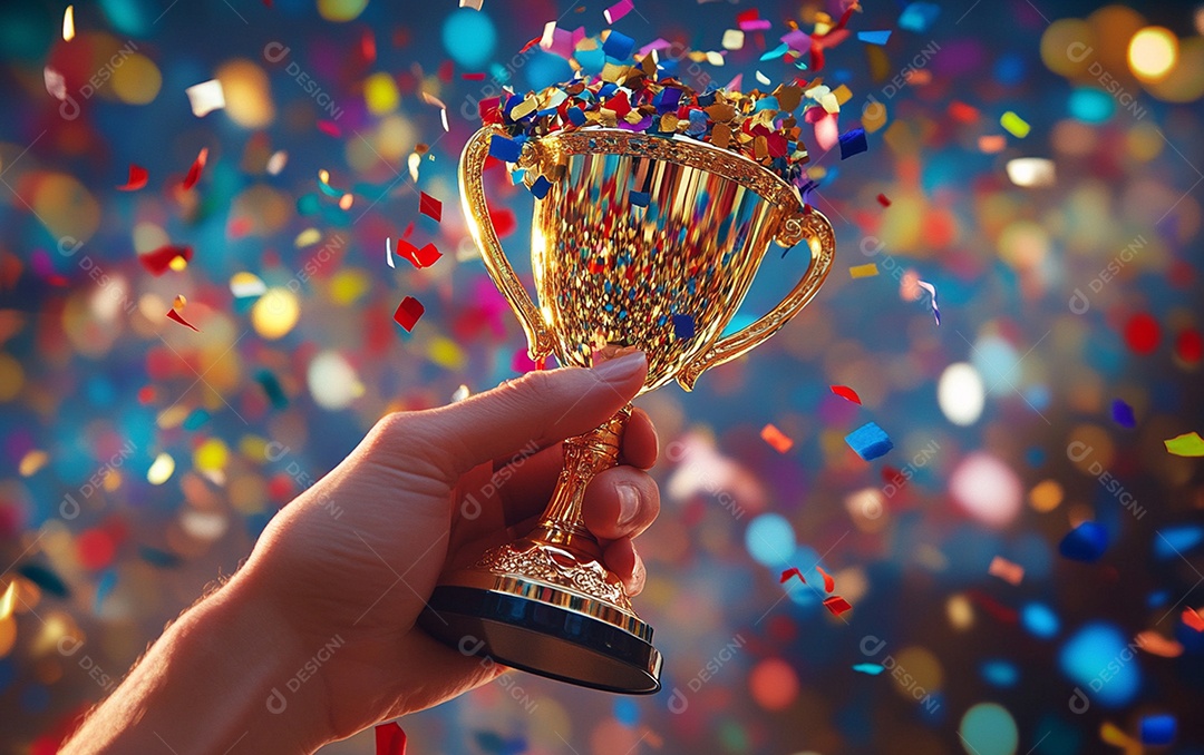 Mão segurando a taça de troféu de ouro com confete
