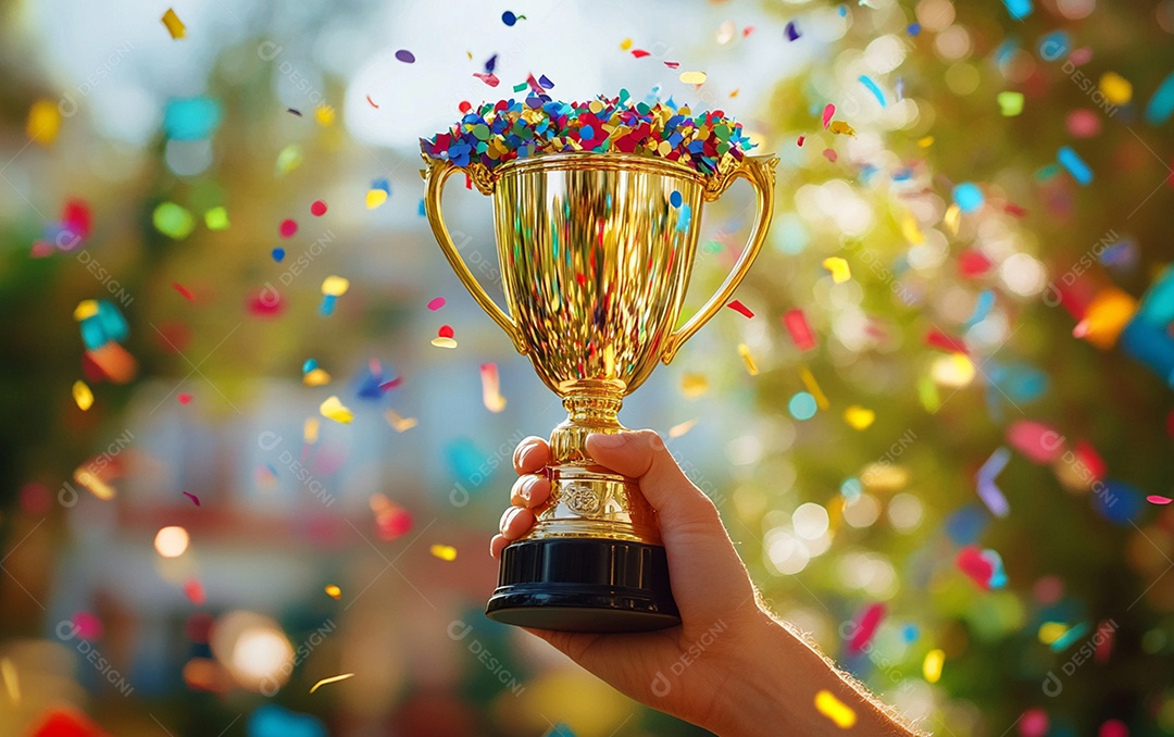 Mão segurando a taça de troféu de ouro com confete