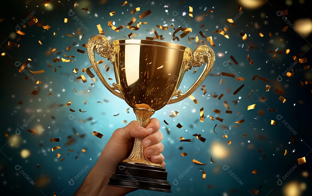Mão segurando a taça de troféu de ouro com confete