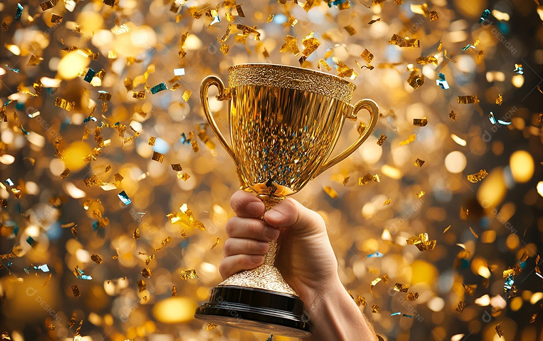 Mão segurando a taça de troféu de ouro com confete