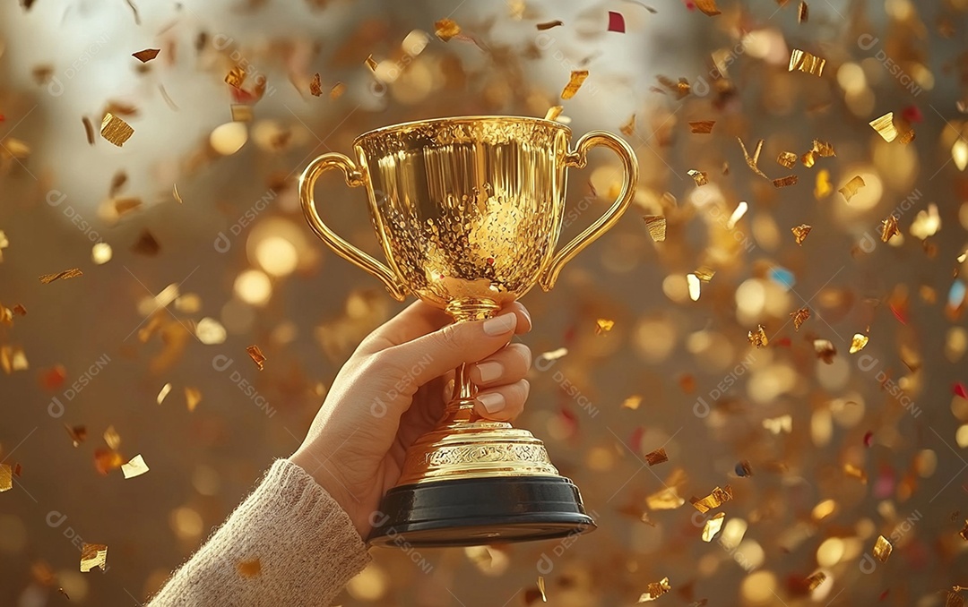 Mão segurando a taça de troféu de ouro com confete