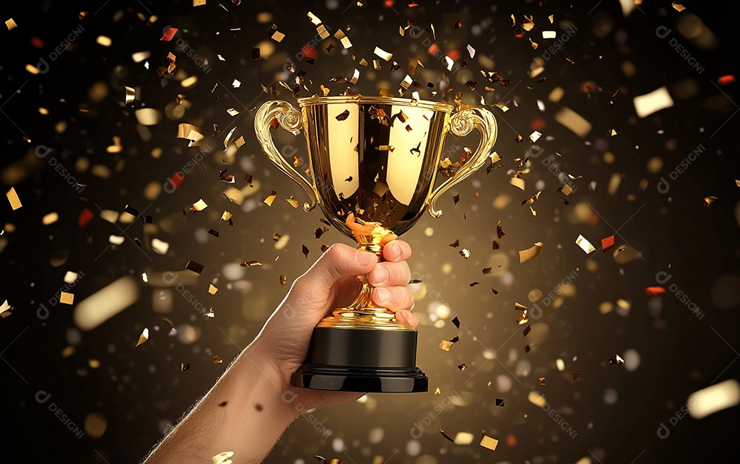 Mão segurando a taça de troféu de ouro com confete