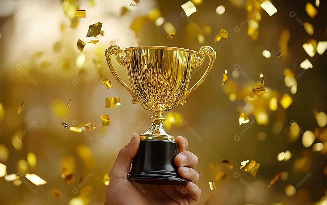 Mão segurando a taça de troféu de ouro com confete