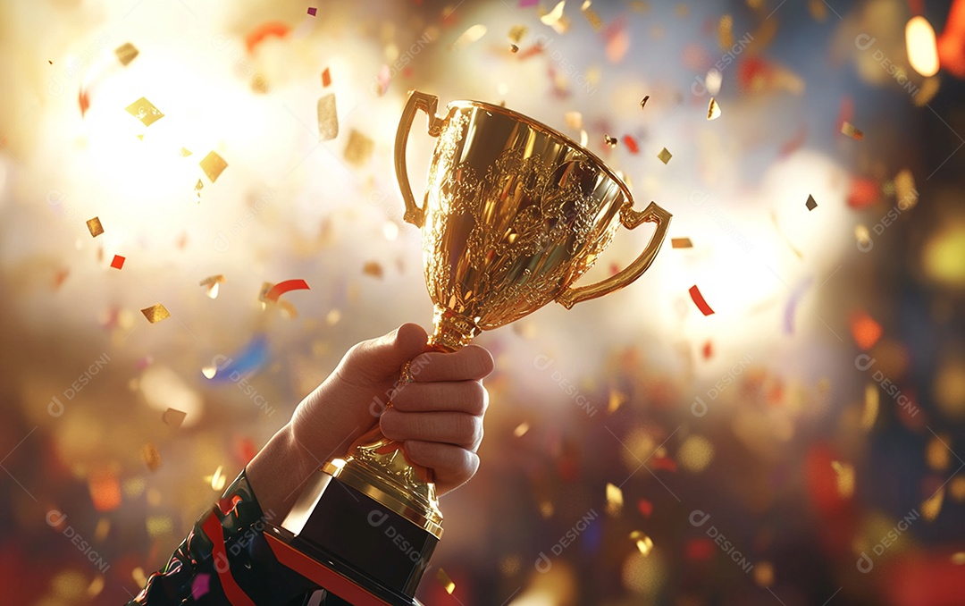 Mão segurando a taça de troféu de ouro com confete