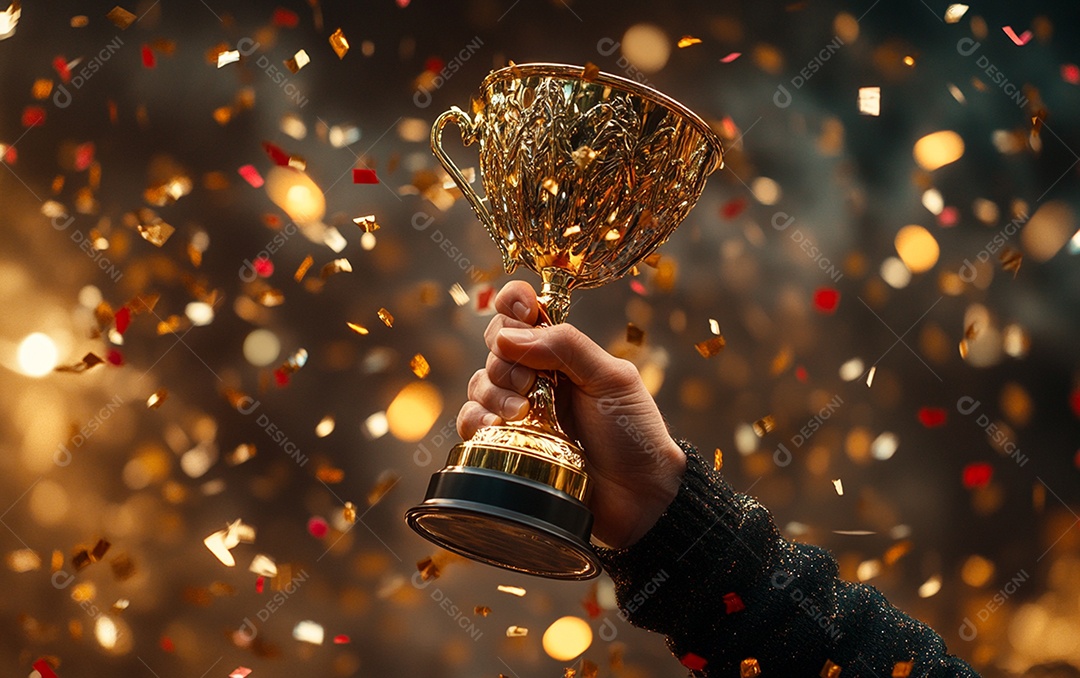 Mão segurando a taça de troféu de ouro com confete