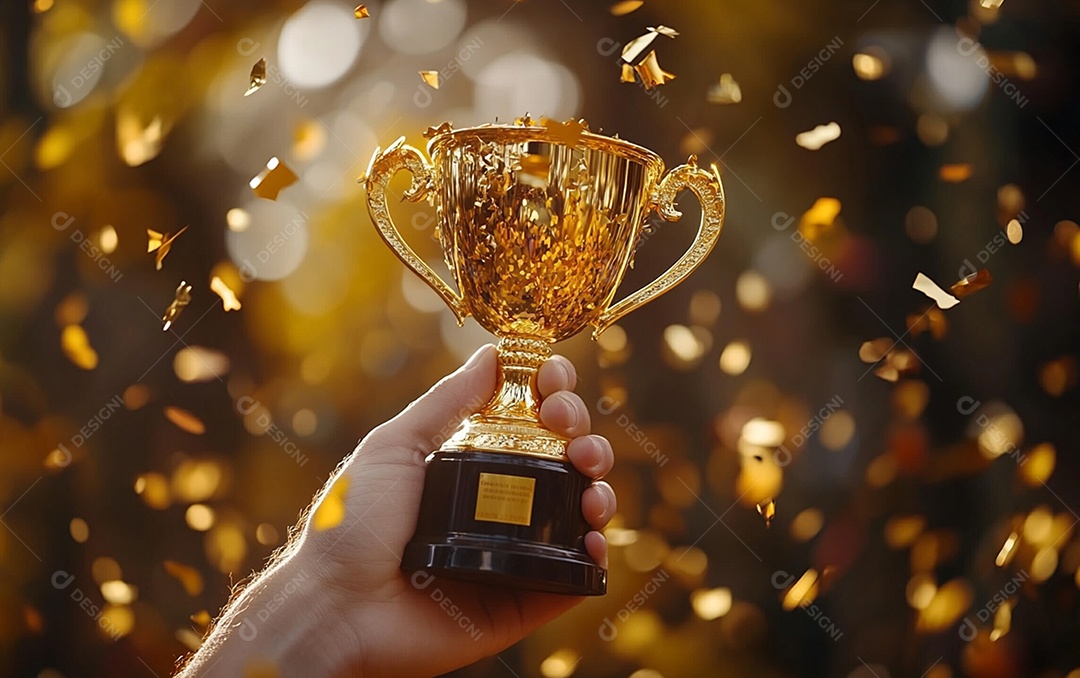 Mão segurando a taça de troféu de ouro com confete