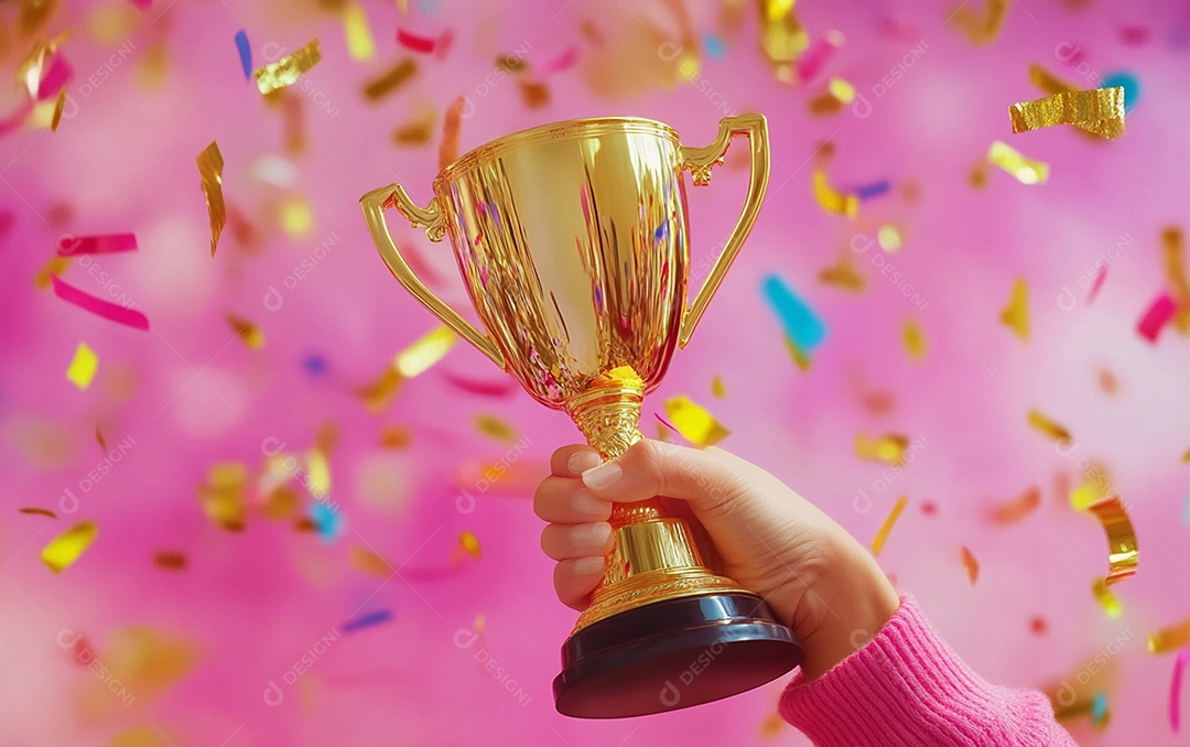 Mão segurando a taça de troféu de ouro com confete